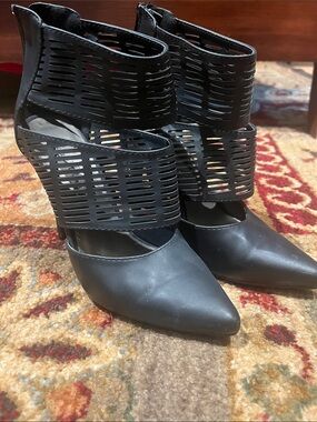 Michael Antonio Black Laser-Cut Pointed Toe Ankle Strap Heels